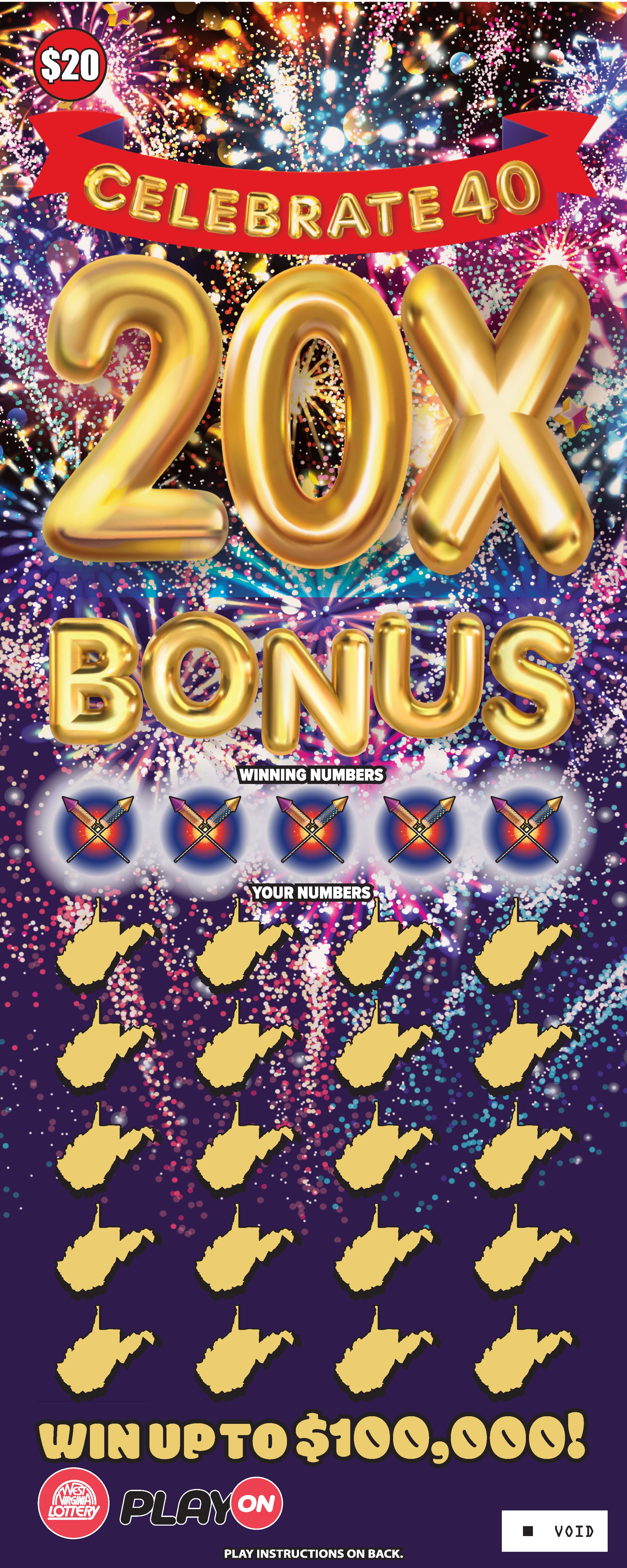 CELEBRATE 40 20X West Virginia Lottery scratch-off ticket