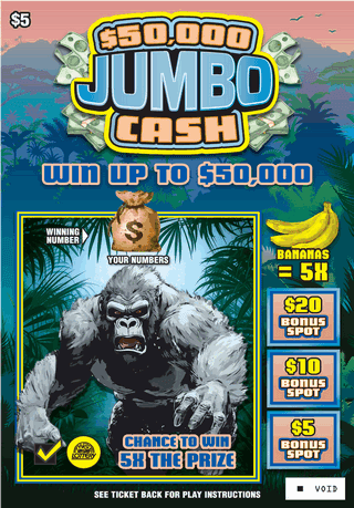 $50,000 JUMBO CASH West Virginia Lottery scratch-off ticket art