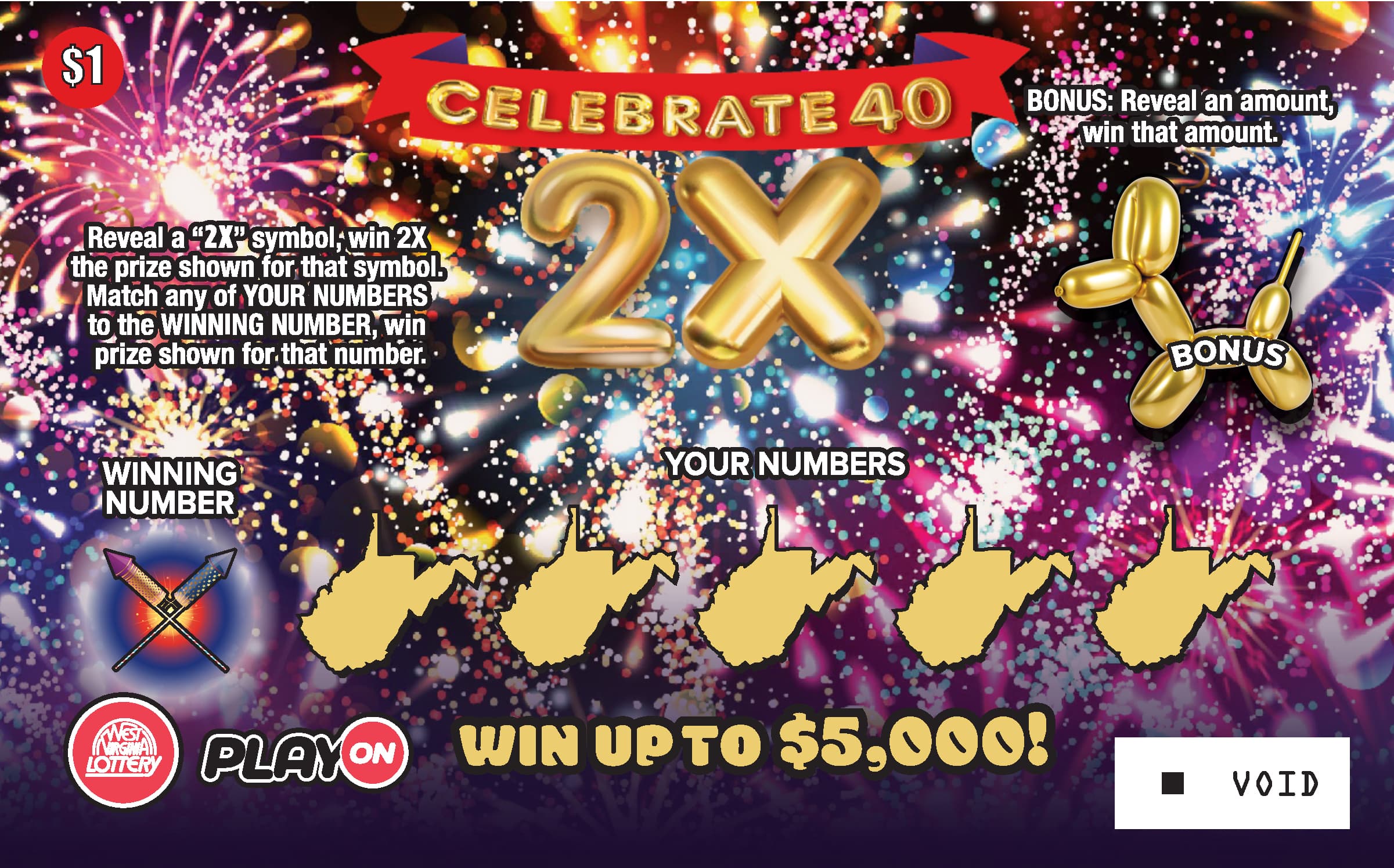 CELEBRATE 40 2X West Virginia Lottery scratch-off ticket art