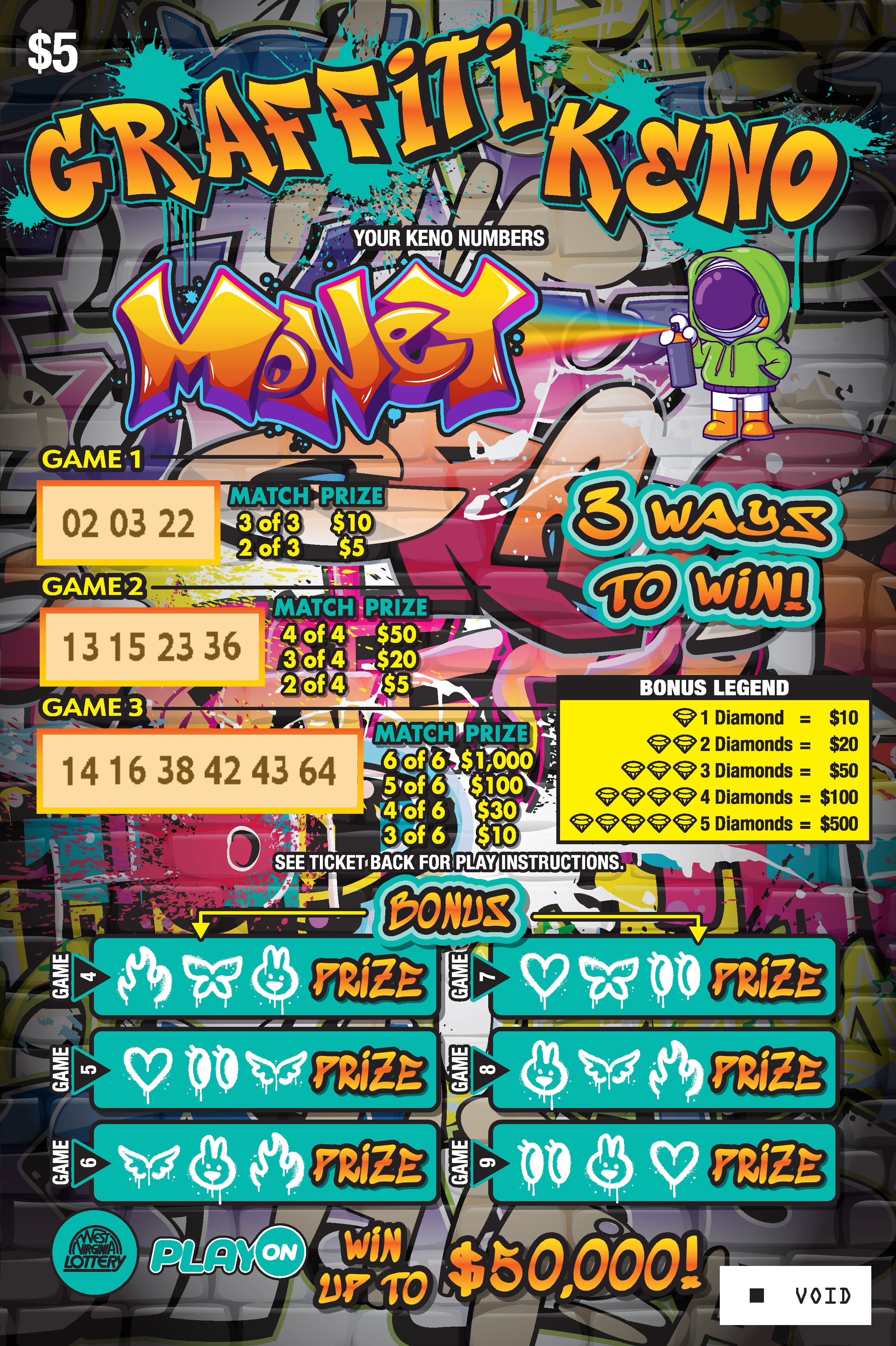 PICKLE-GRAFFITI-BOW WOW-JALAPENO KENO West Virginia Lottery scratch-off ticket art