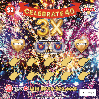CELEBRATE 40 3X West Virginia Lottery scratch-off ticket art