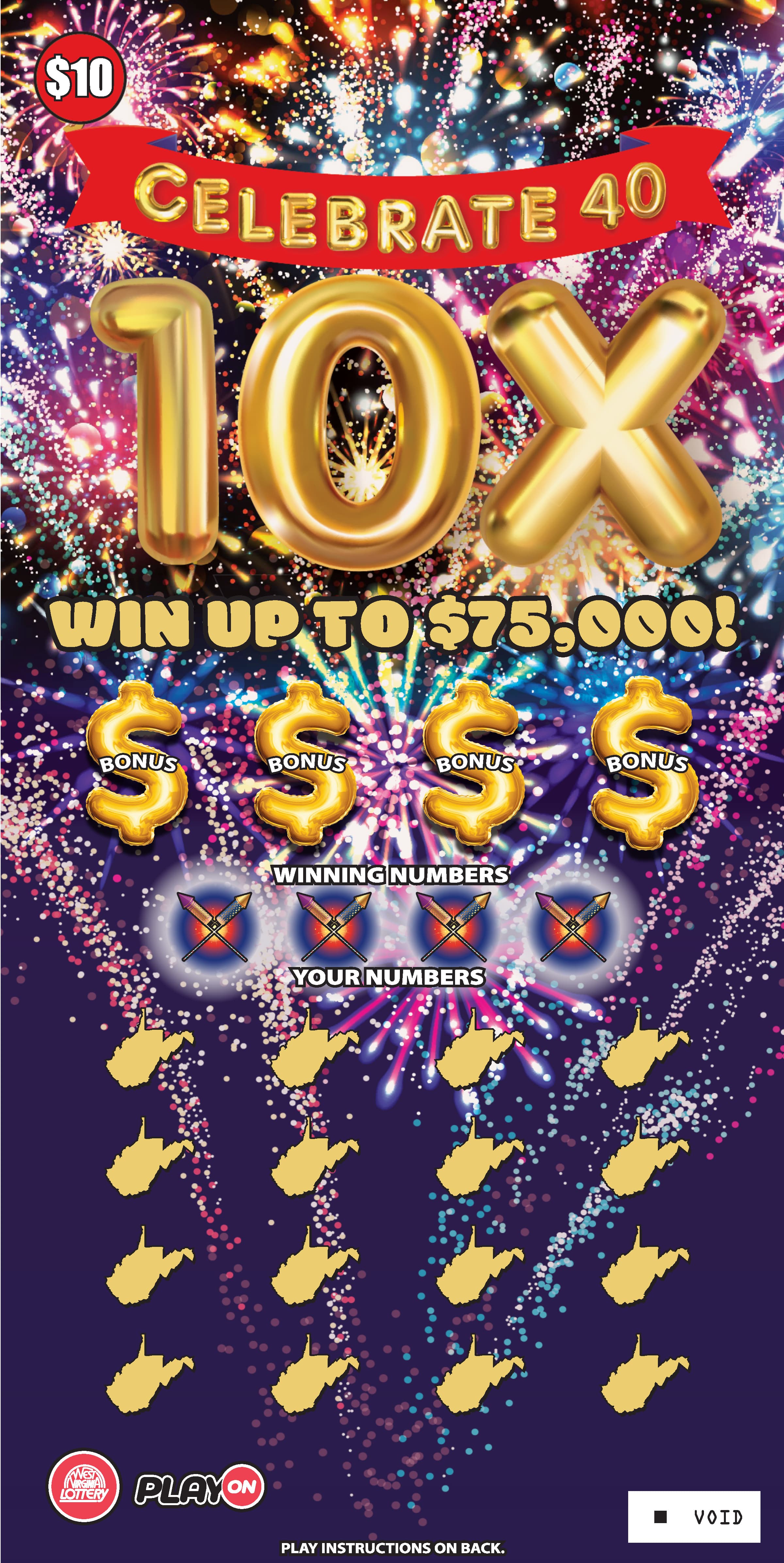CELEBRATE 40 10X West Virginia Lottery scratch-off ticket art