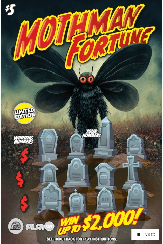 MOTHMAN FORTUNE-MERRY LITTLE CRYPTIDS West Virginia Lottery scratch-off ticket art