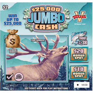 $25,000 JUMBO CASH West Virginia Lottery scratch-off ticket