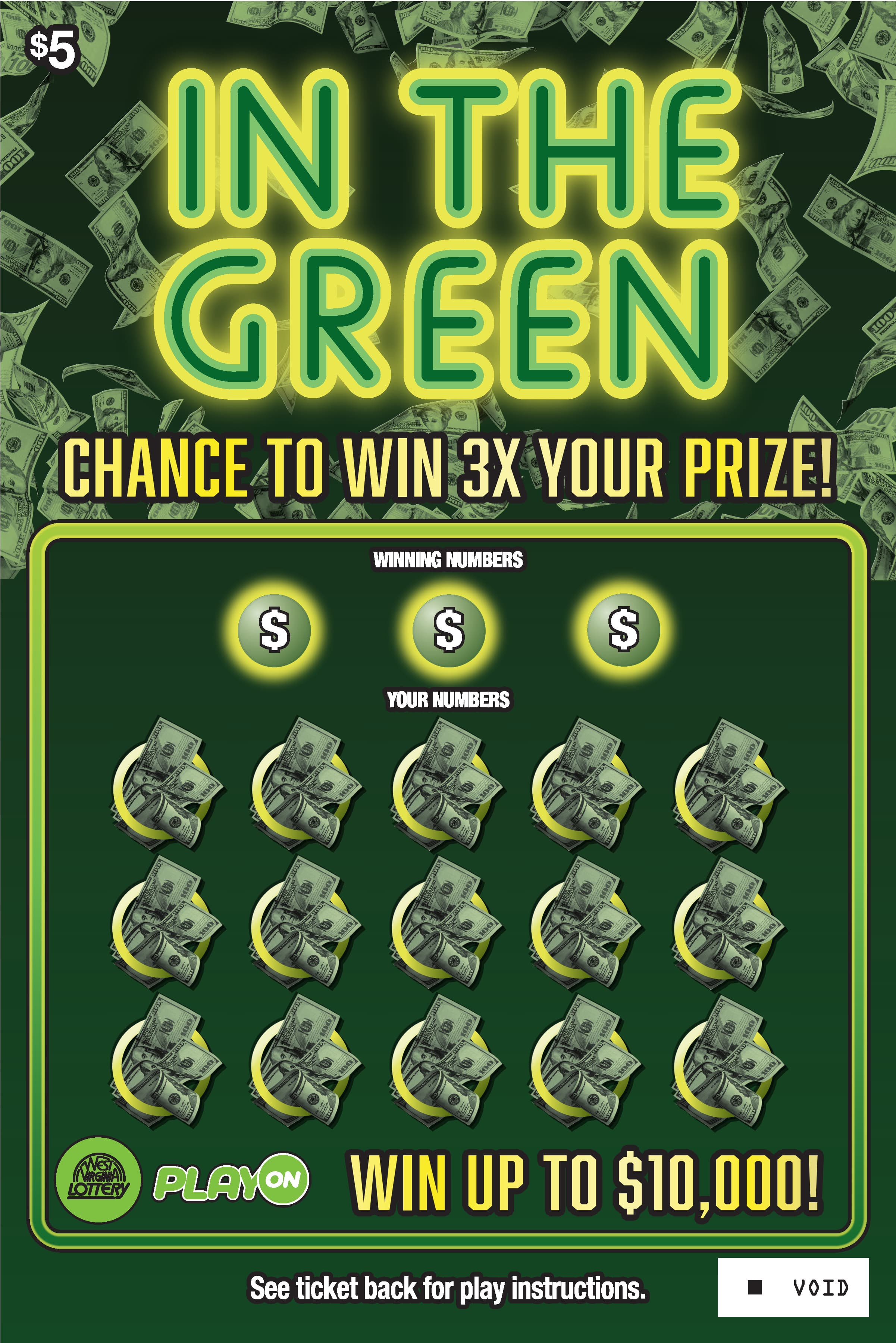 MONEY MONEY MONEY - IN THE GREEN West Virginia Lottery scratch-off ticket art