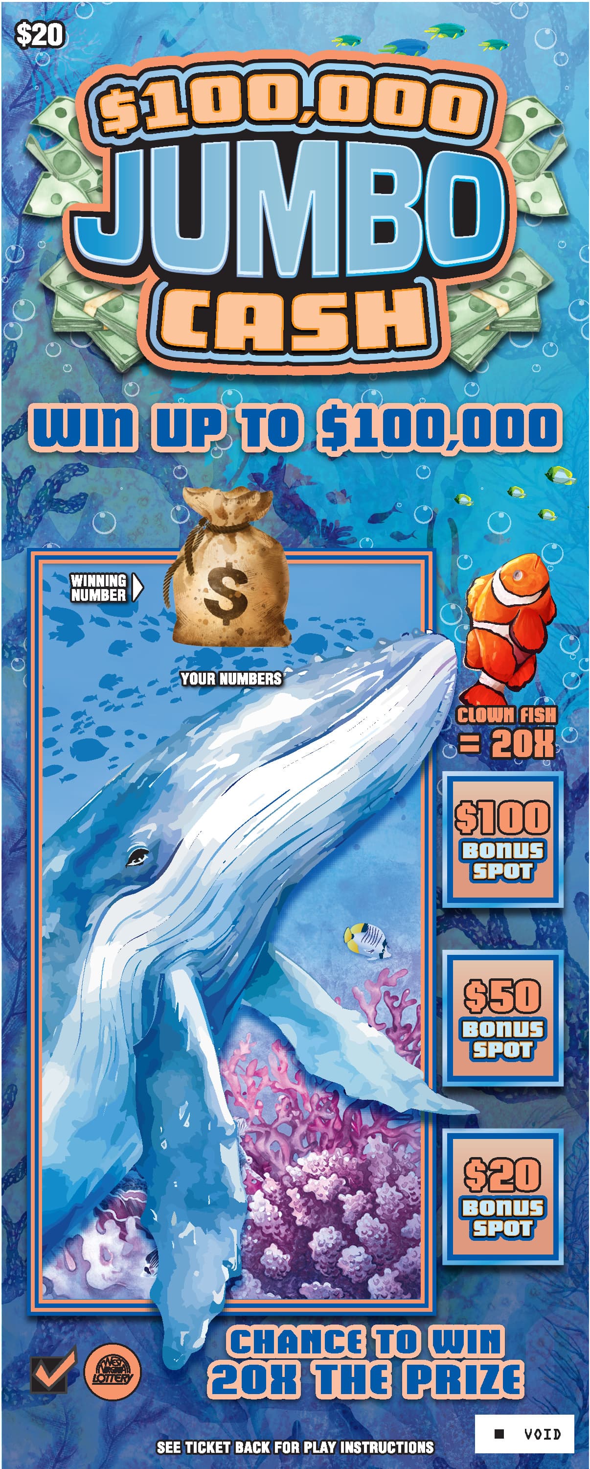 $100,000 JUMBO CASH West Virginia Lottery scratch-off ticket art