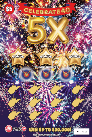 CELEBRATE 40 5X West Virginia Lottery scratch-off ticket art