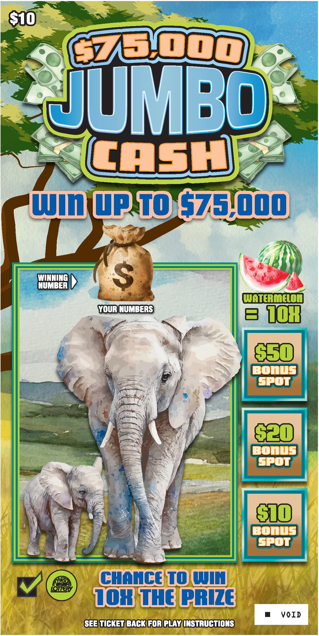 $75,000 JUMBO CASH West Virginia Lottery scratch-off ticket