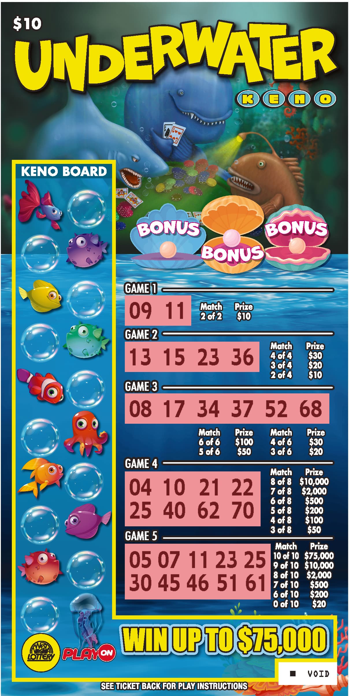 DRAGON BLAST - UNDERWATER KENO West Virginia Lottery scratch-off ticket art