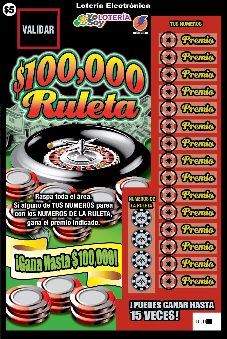 $100,000 RULETA Puerto Rico Lottery scratch-off ticket
