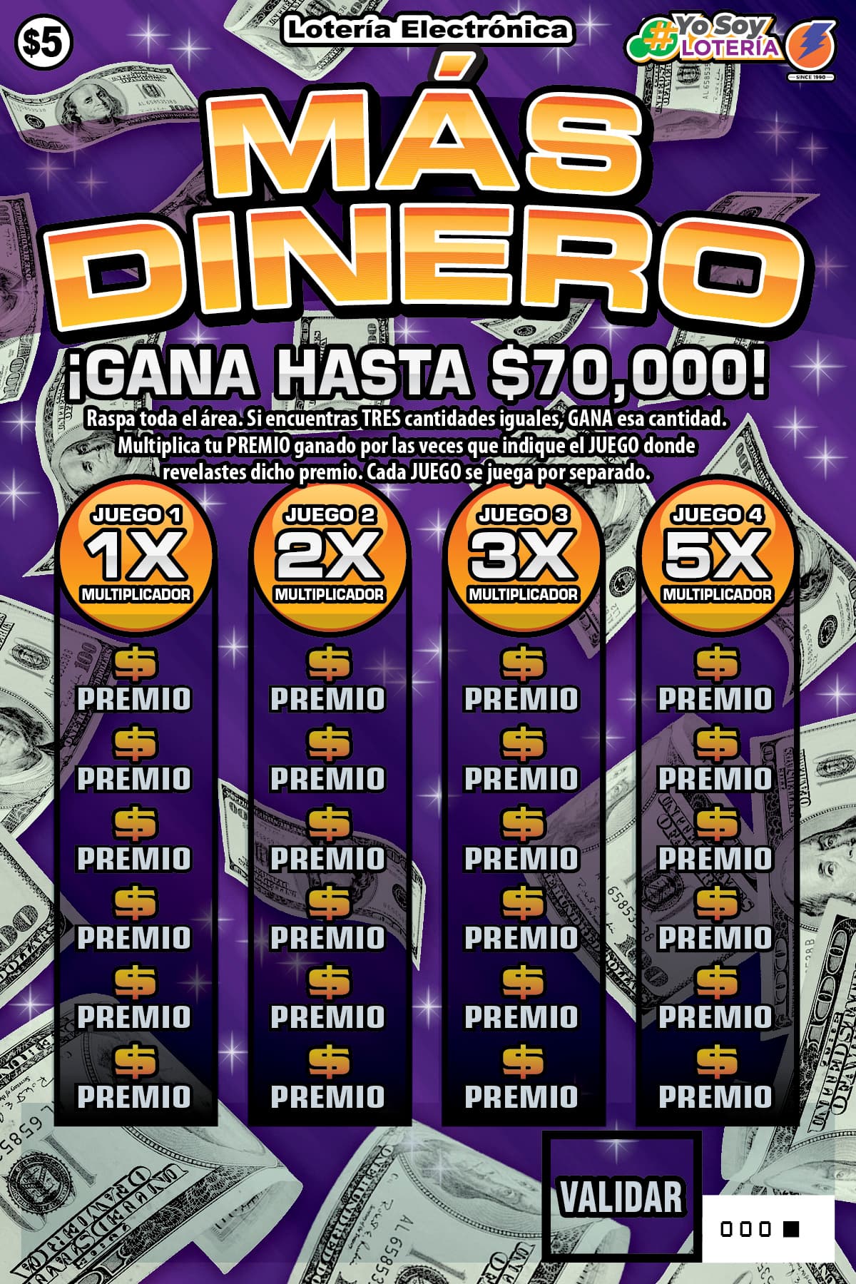 MAS DINERO Puerto Rico Lottery scratch-off ticket art