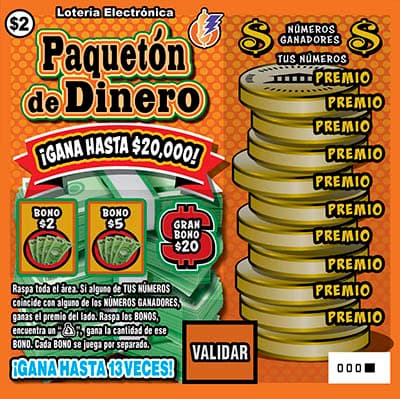PAQUETON DE DINERO Puerto Rico Lottery scratch-off ticket art
