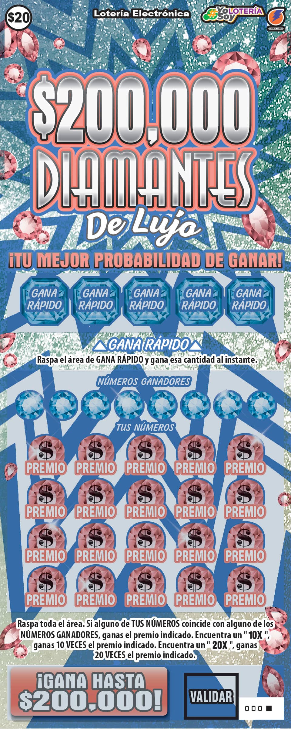 200,000 DIAMANTES Puerto Rico Lottery scratch-off ticket art