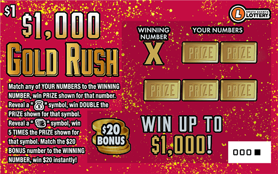 $1,000 Gold Rush South Dakota Lottery scratch-off ticket art