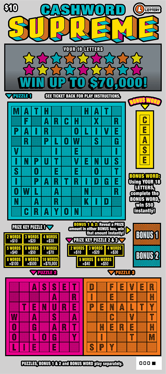 Cashword Supreme South Dakota Lottery scratch-off ticket art