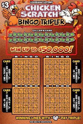 Chicken Scratch Bingo Tripler Louisiana Lottery scratch-off ticket art