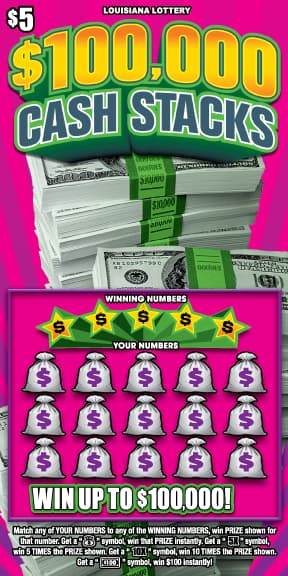 $100,000 Cash Stacks Louisiana Lottery scratch-off ticket art