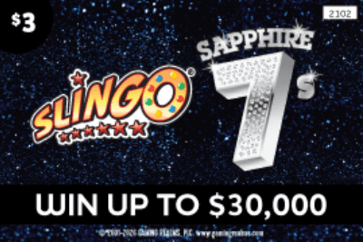 Slingo Sapphire 7s Minnesota Lottery scratch-off ticket art