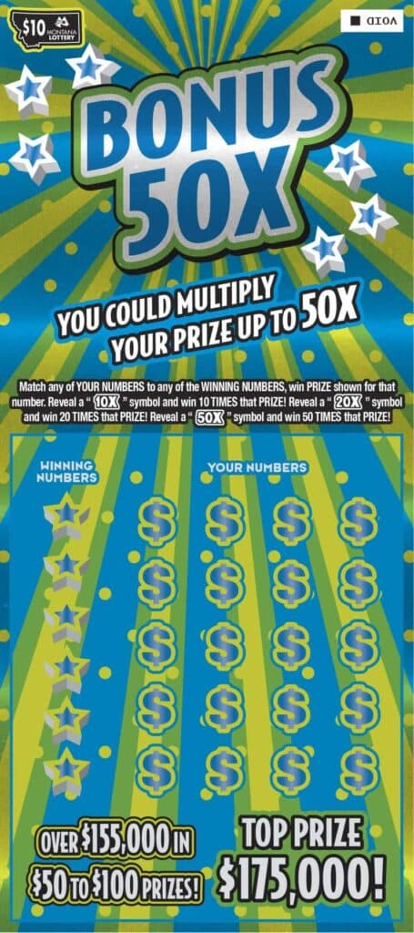 $10 Bonus 50X Multiplier Montana Lottery scratch-off ticket art
