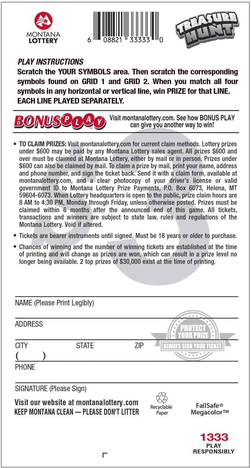$3 Treasure Hunt Montana Lottery scratch-off ticket art