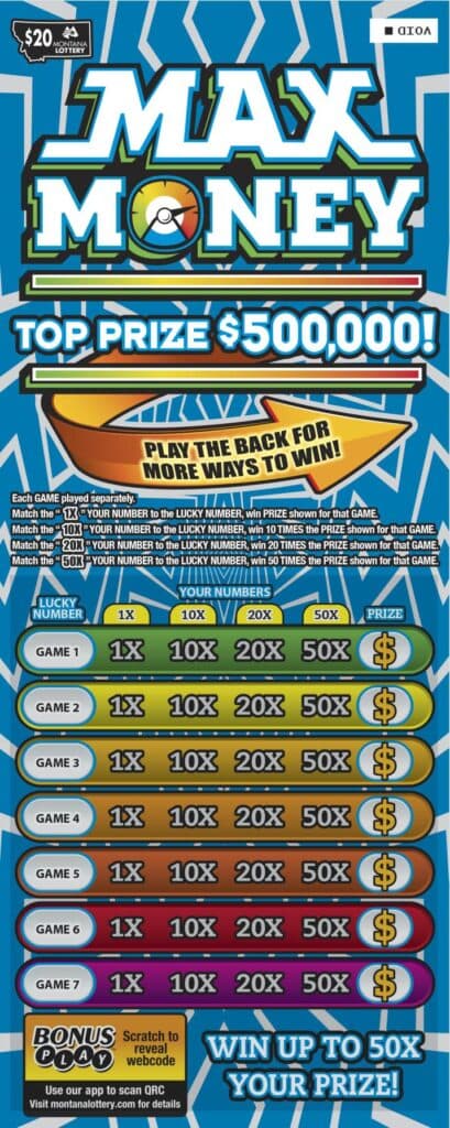 $20 Max Money Montana Lottery scratch-off ticket