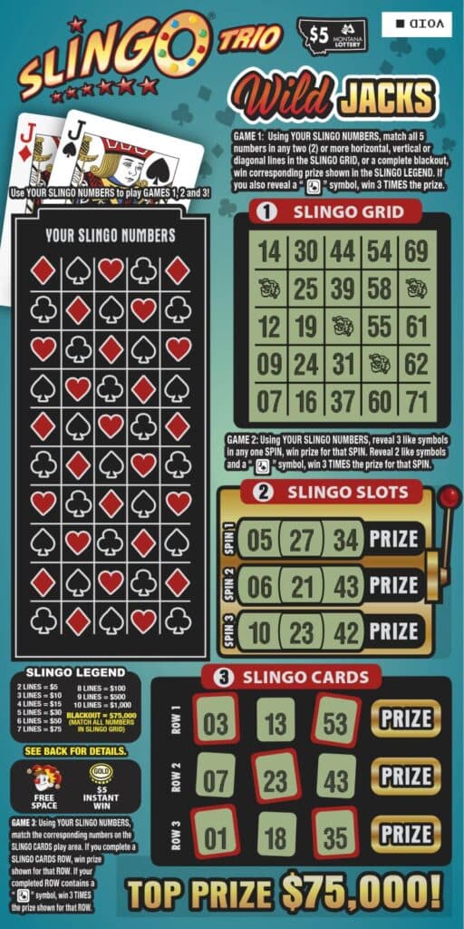$5 Slingo® Trio Wild Jacks Montana Lottery scratch-off ticket