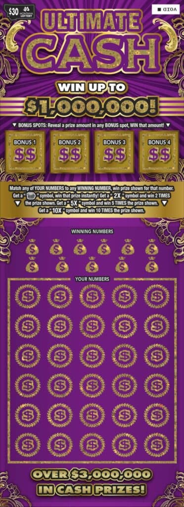 $30 Ultimate Cash Montana Lottery scratch-off ticket art