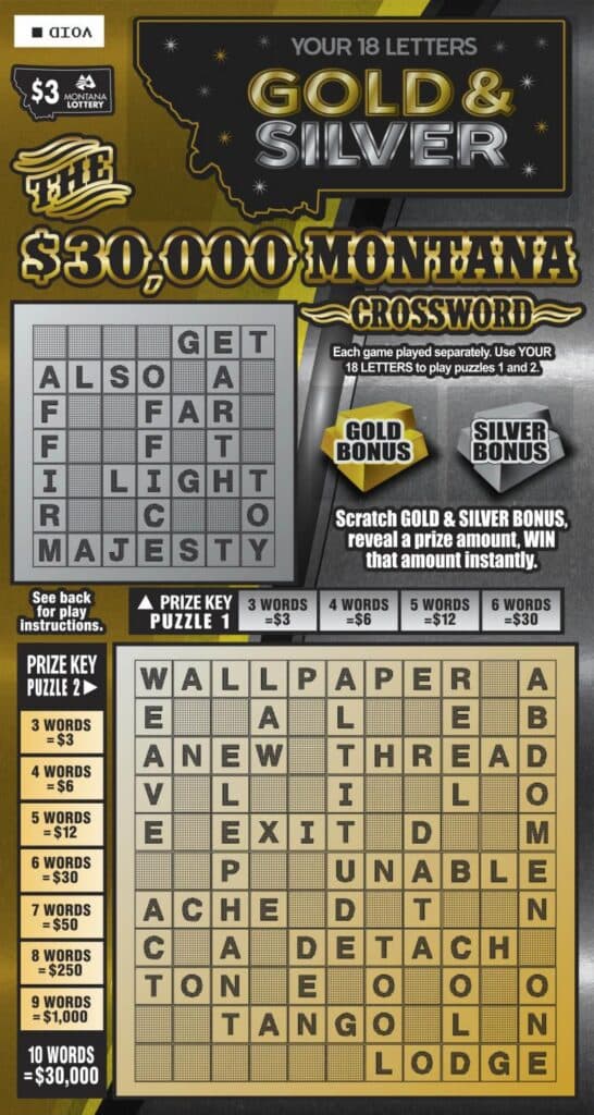 $3 Gold & Silver $30,000 Montana Crossword Montana Lottery scratch-off ticket art