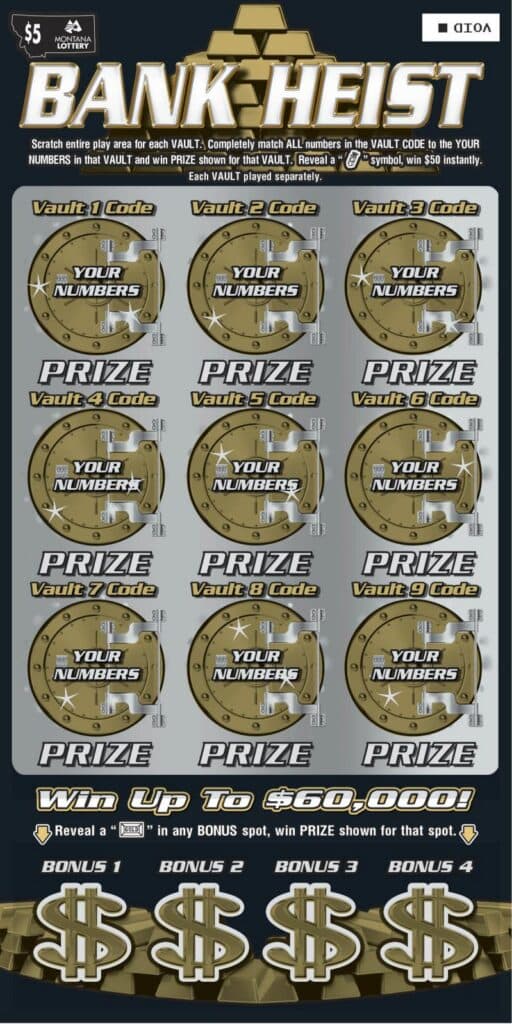 $5 Bank Heist Montana Lottery scratch-off ticket