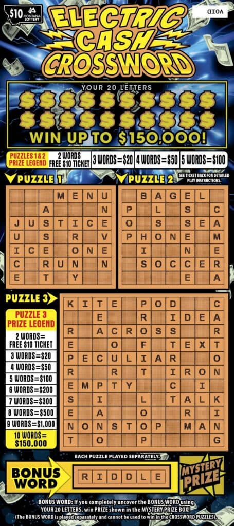$10 Electric Cash Crossword Montana Lottery scratch-off ticket