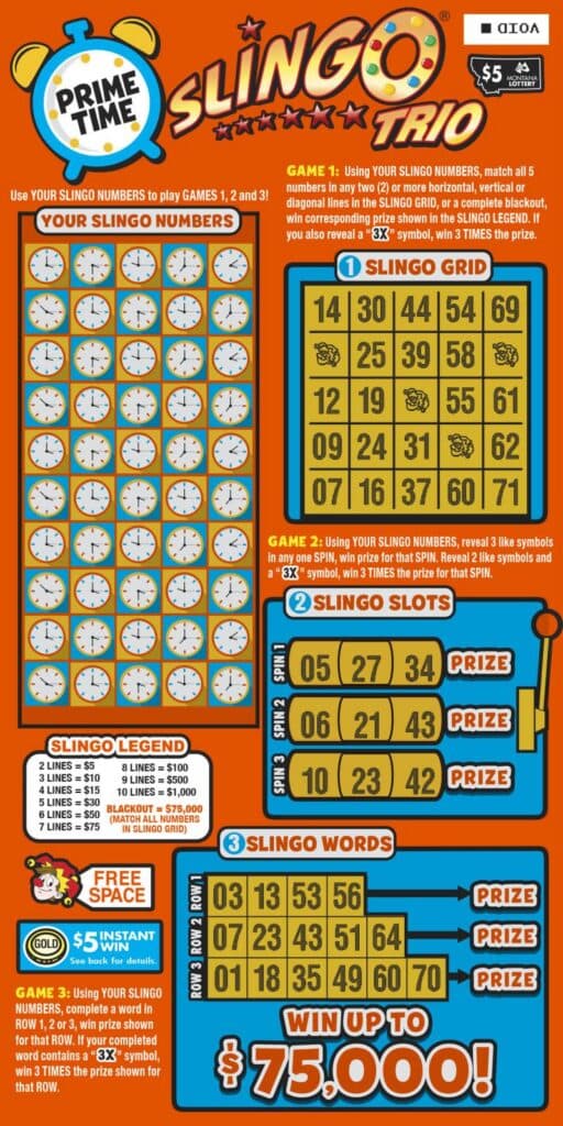 $5 Prime Time Slingo Trio Montana Lottery scratch-off ticket