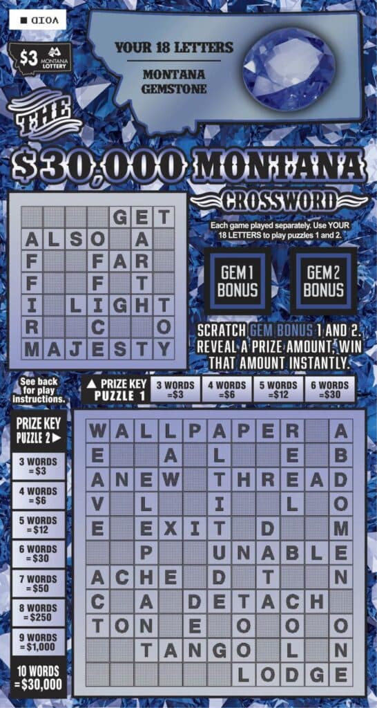 $3 $30,000 Montana Crossword Montana Lottery scratch-off ticket art