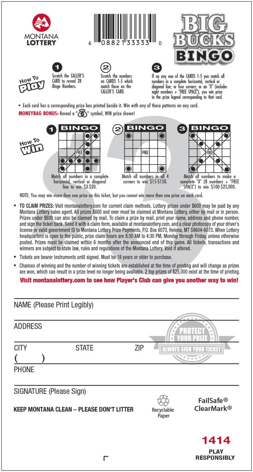$3 Big Bucks Bingo Montana Lottery scratch-off ticket art