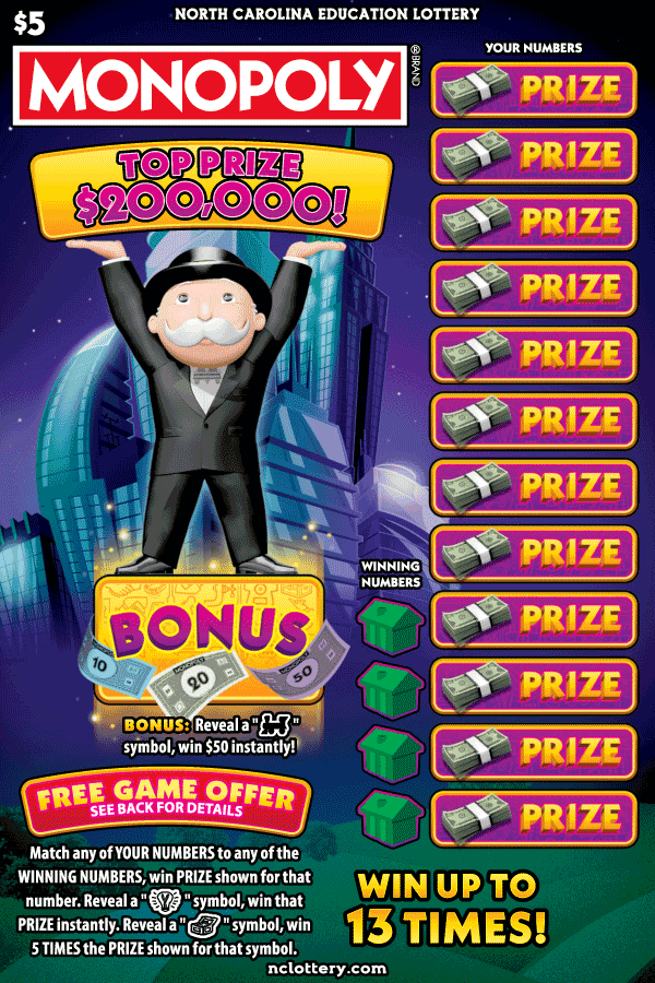 $5 MONOPOLY® North Carolina Lottery scratch-off ticket art