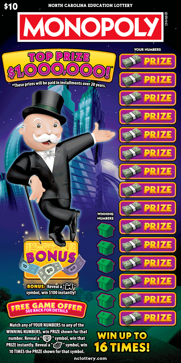 $10 MONOPOLY® North Carolina Lottery scratch-off ticket art