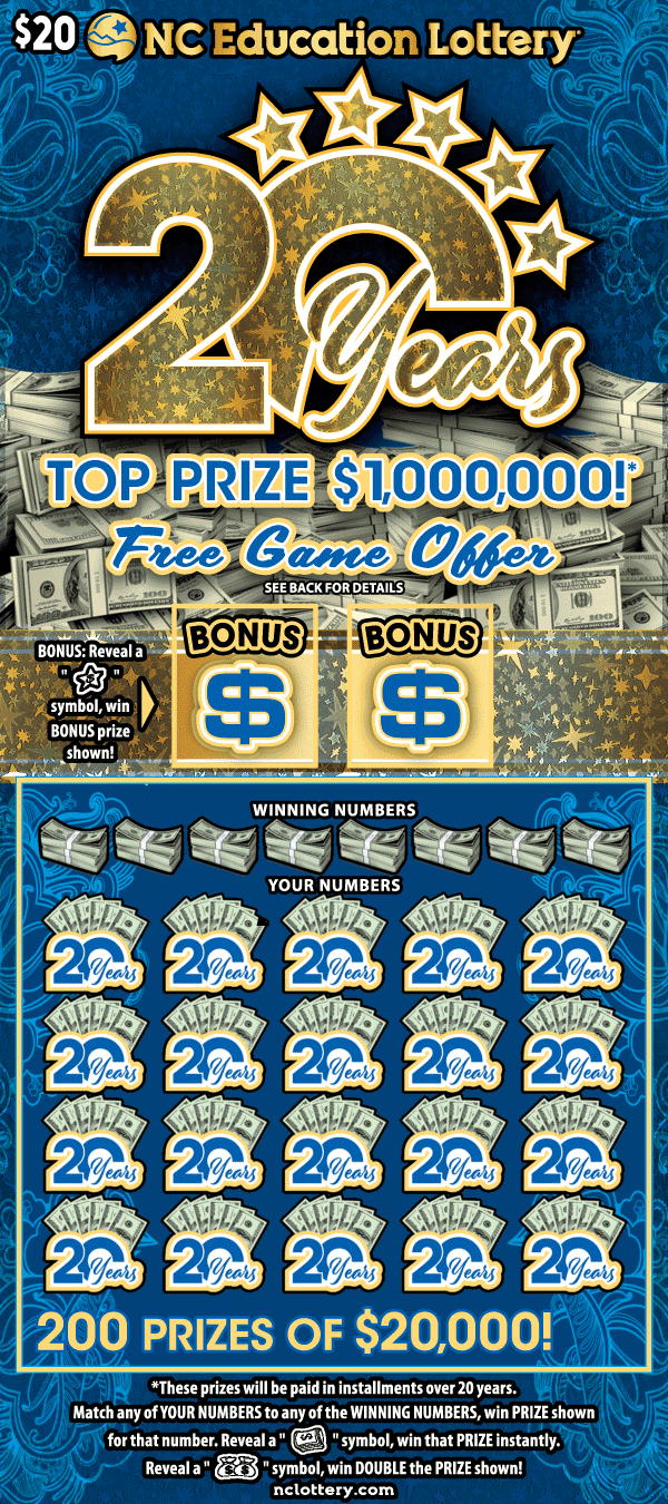 20 Years North Carolina Lottery scratch-off ticket art