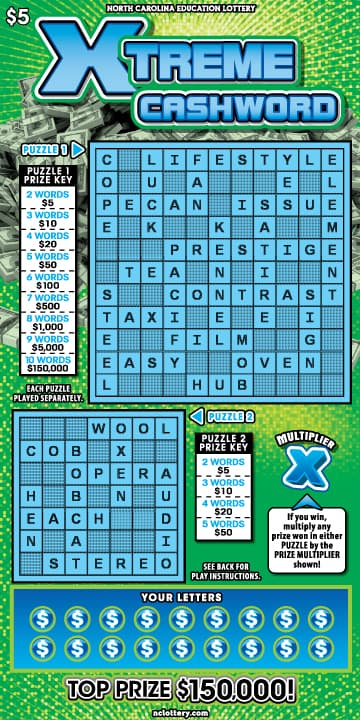 Xtreme Cashword North Carolina Lottery scratch-off ticket art