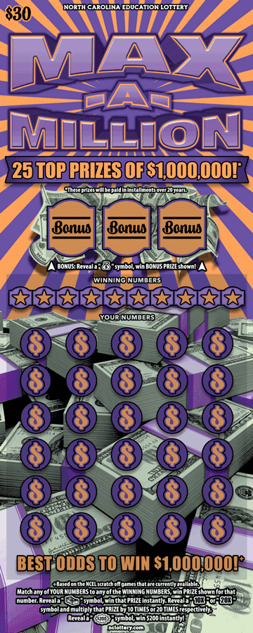 MAX-A-MILLION North Carolina Lottery scratch-off ticket