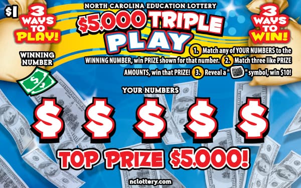 $5,000 Triple Play North Carolina Lottery scratch-off ticket