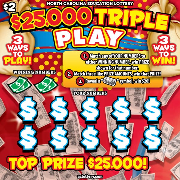 $25,000 Triple Play North Carolina Lottery scratch-off ticket art