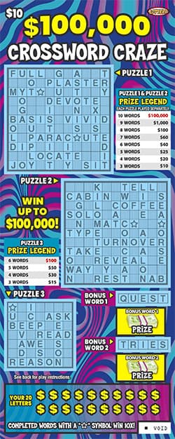 $100,000 Crossword Craze Nebraska Lottery scratch-off ticket art
