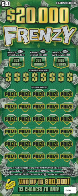 $20,000 FRENZY Colorado Lottery scratch-off ticket art