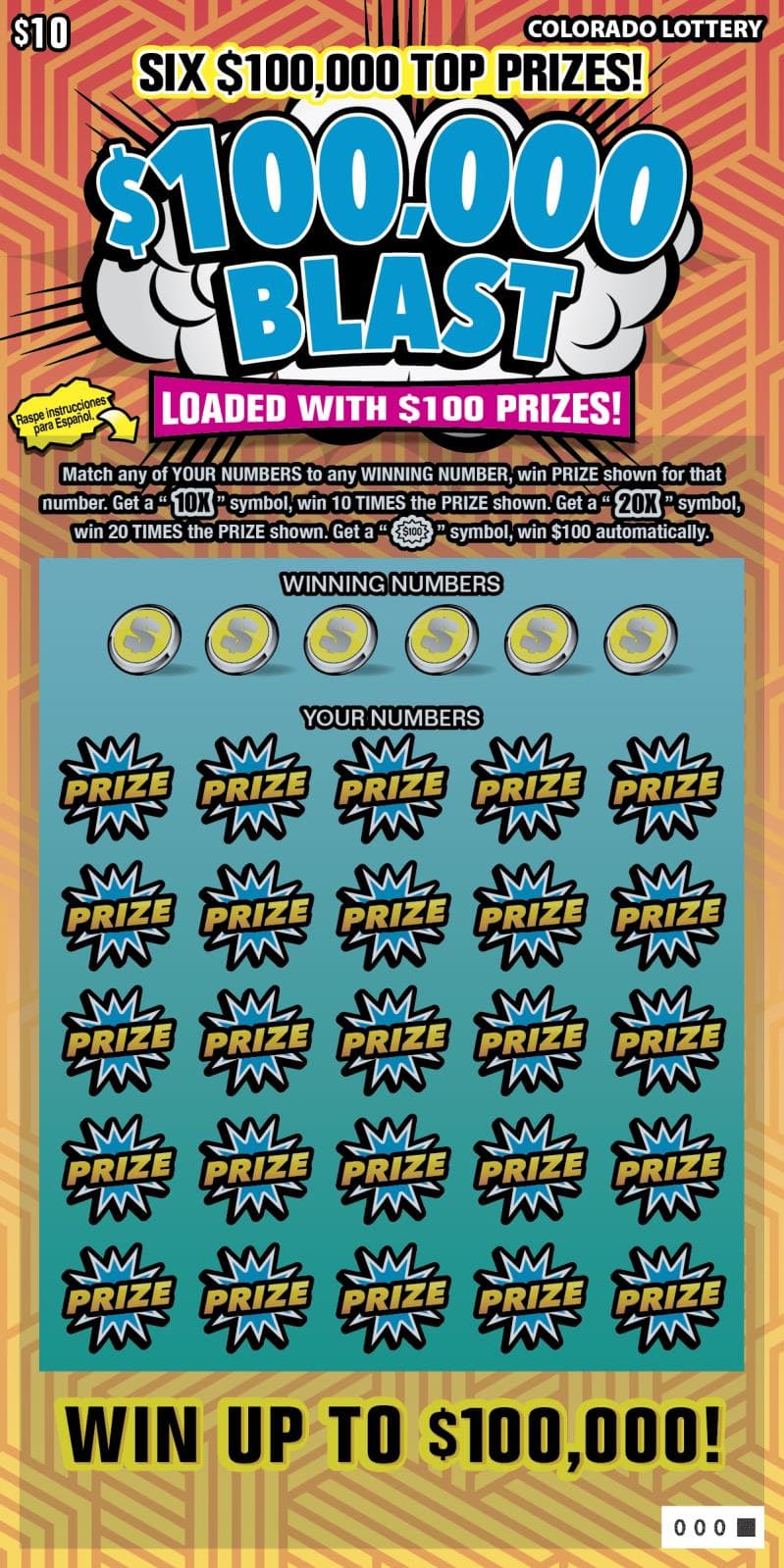 $100,000 BLAST Colorado Lottery scratch-off ticket art