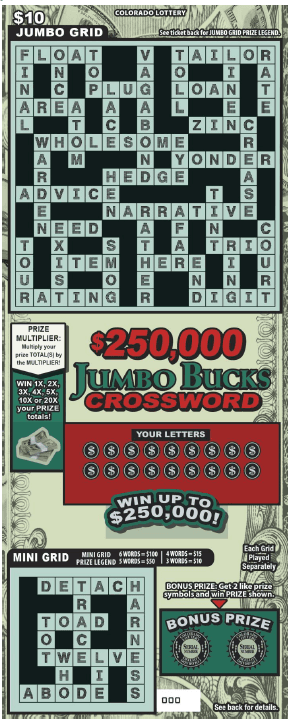 $250,000 JUMBO BUCKS CROSSWORD Colorado Lottery scratch-off ticket