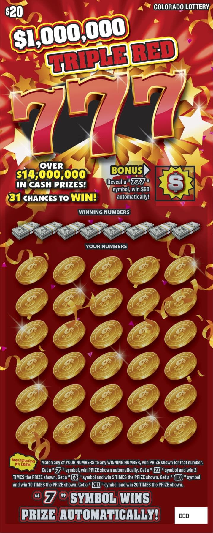 TRIPLE RED 777 Colorado Lottery scratch-off ticket art