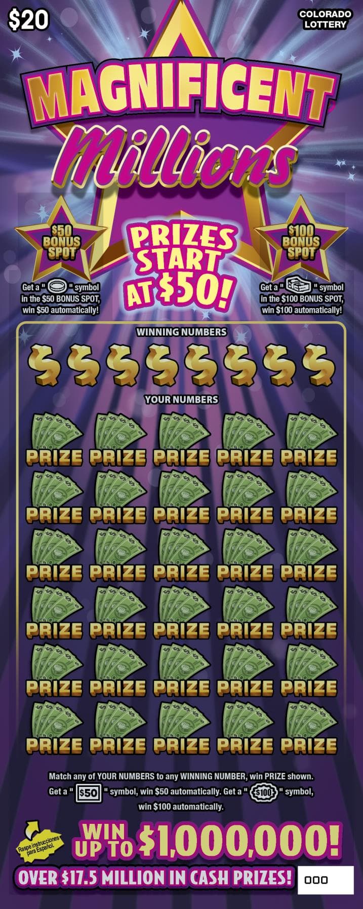 MAGNIFICENT MILLIONS Colorado Lottery scratch-off ticket art