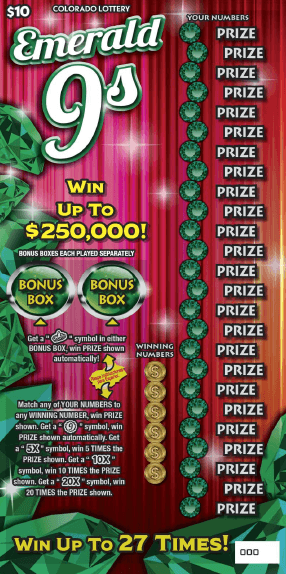 EMERALD 9s Colorado Lottery scratch-off ticket art