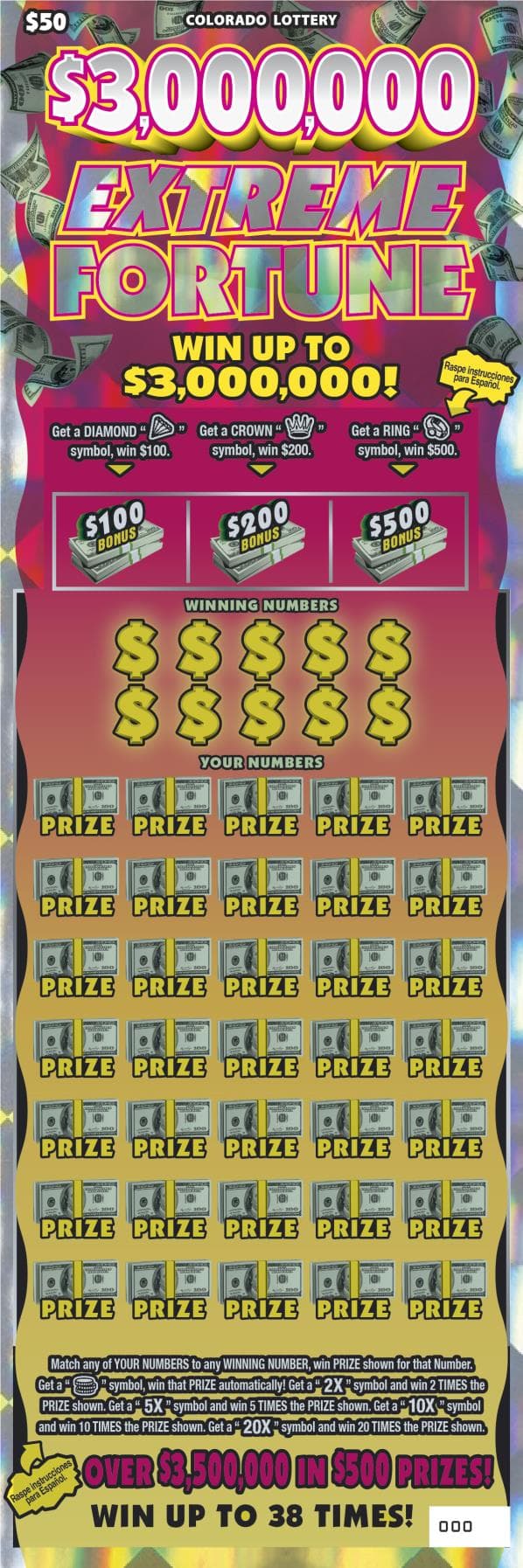 $3,000,000 EXTREME FORTUNE Colorado Lottery scratch-off ticket