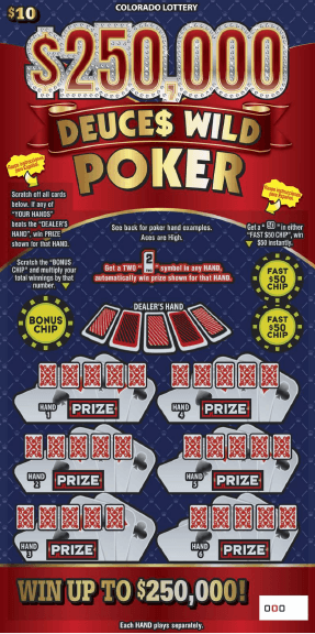 $250,000 DEUCE$ WILD POKER Colorado Lottery scratch-off ticket art