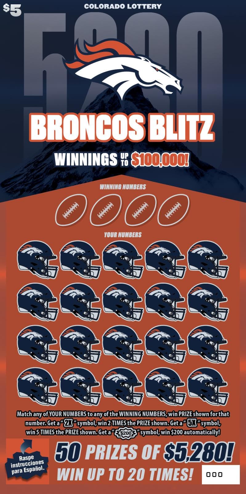 BRONCOS BLITZ Colorado Lottery scratch-off ticket art
